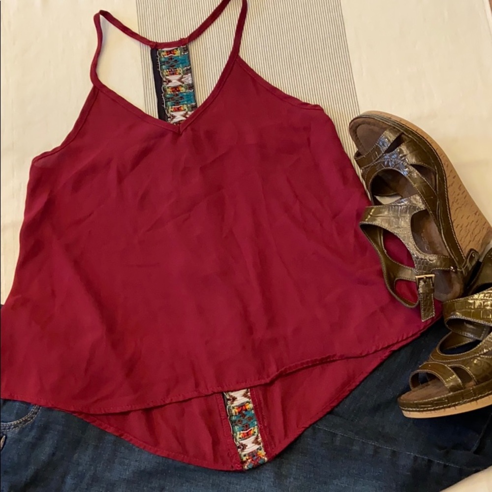 ANNIANNA Boho Racerback Embroidered Cropped Tank Top SMALL Burgundy Red Black - Picture 4 of 7